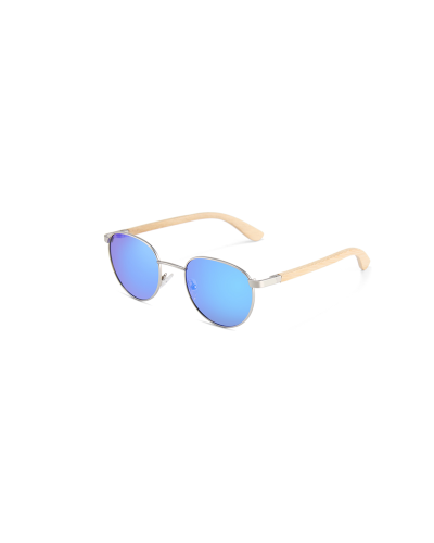 Rebel - Silver Blue RV Polarised Round Wood Sunglasses